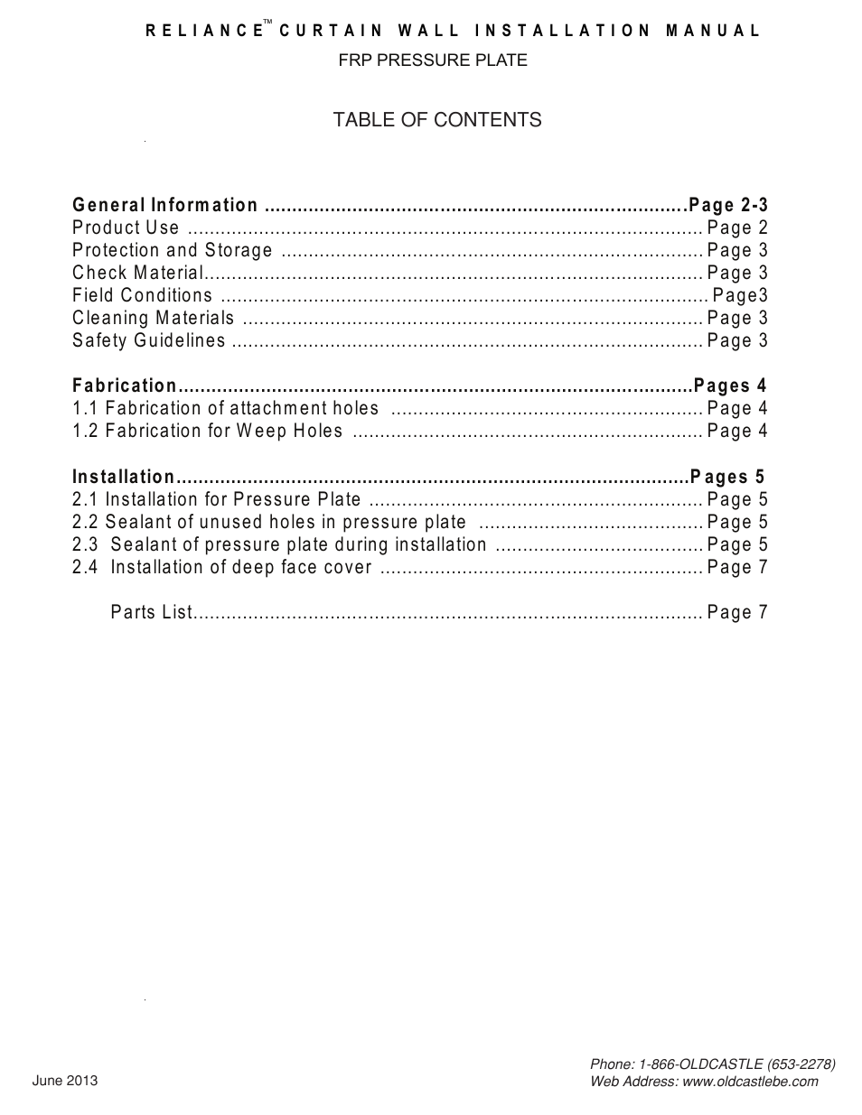 Table-of-contents | Oldcastle BuildingEnvelope Reliance FRP User Manual | Page 2 / 9