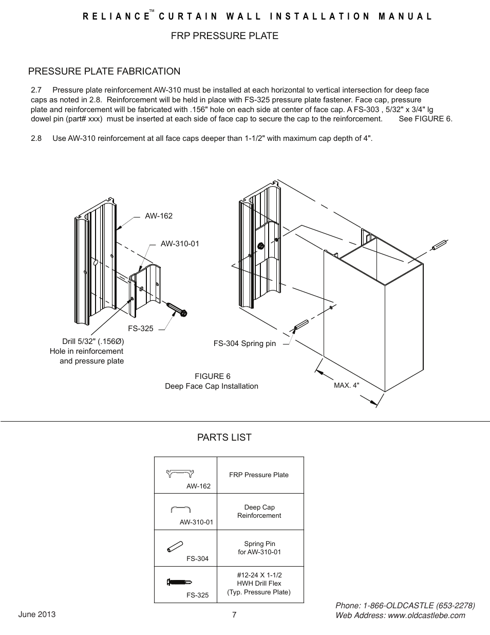 Deep-face-cap-install, Parts list pressure plate fabrication, Frp pressure plate | Oldcastle BuildingEnvelope Reliance FRP User Manual | Page 8 / 9