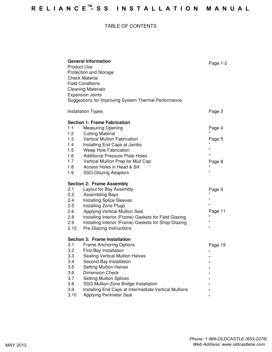 Table of contents1 | Oldcastle BuildingEnvelope Reliance-SS User Manual | Page 2 / 47