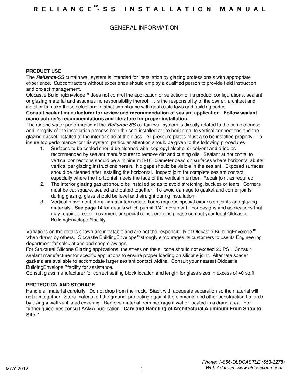 General info | Oldcastle BuildingEnvelope Reliance-SS User Manual | Page 4 / 47