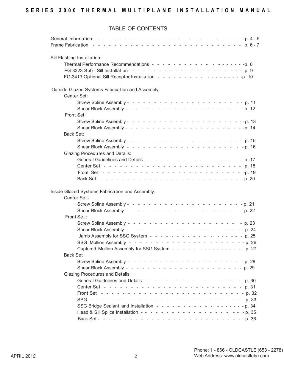 Table-of-contents | Oldcastle BuildingEnvelope 3000 Series Thermal MultiPlane User Manual | Page 2 / 55