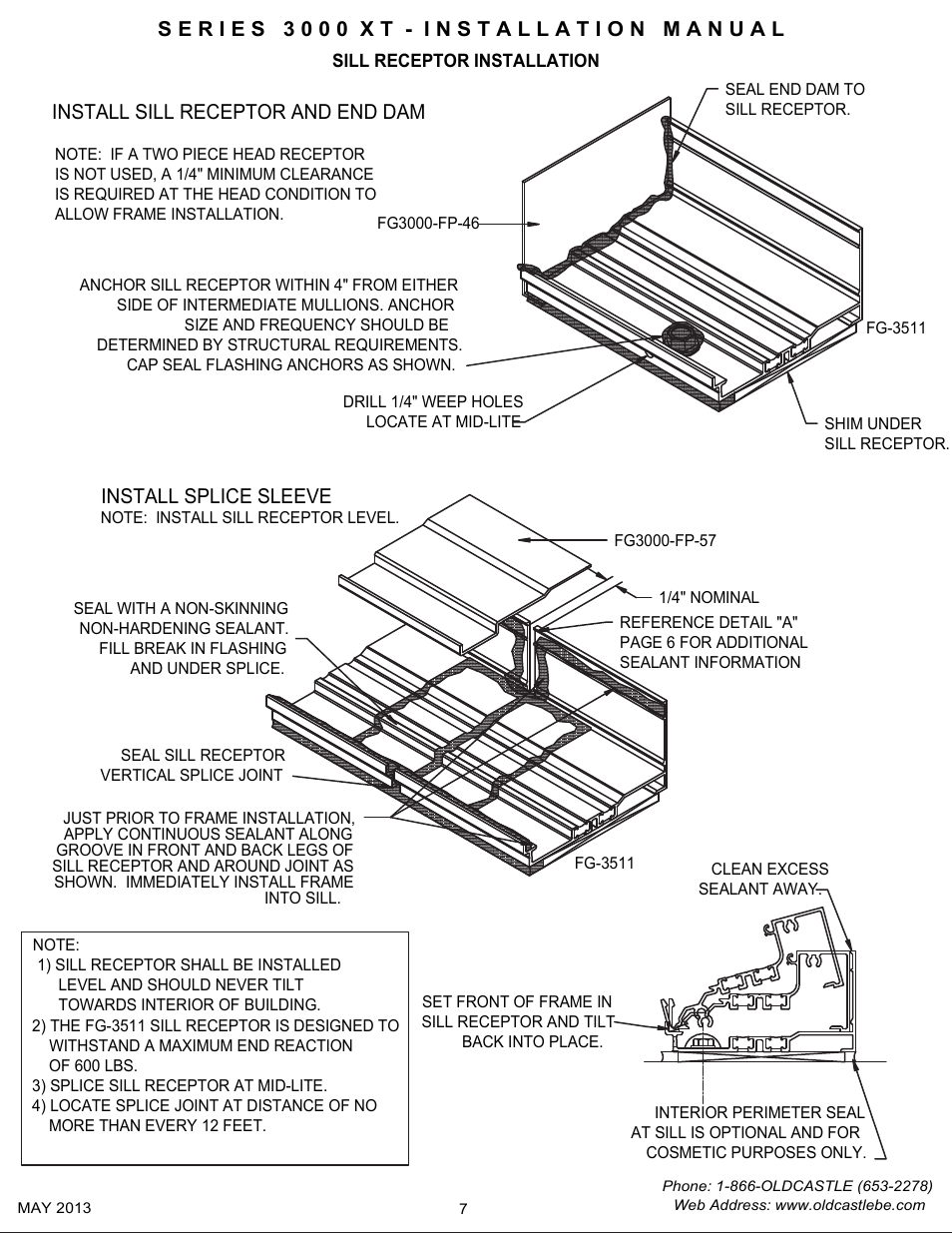 P7 sill receptor installation instructions, Install sill receptor and end dam, Install splice sleeve | Oldcastle BuildingEnvelope 3000 XT Series User Manual | Page 7 / 25