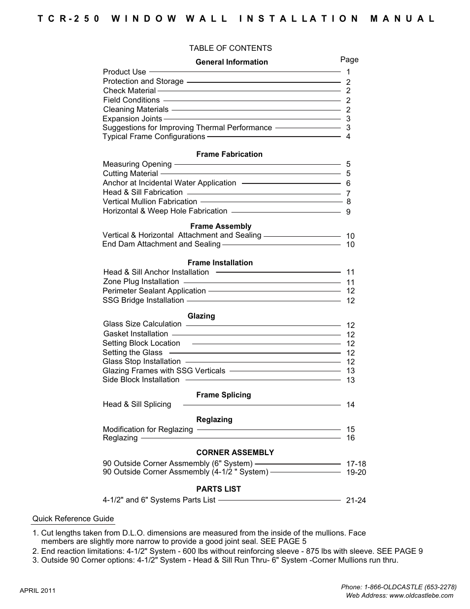 Table of contents1 | Oldcastle BuildingEnvelope TCR-250 User Manual | Page 2 / 27