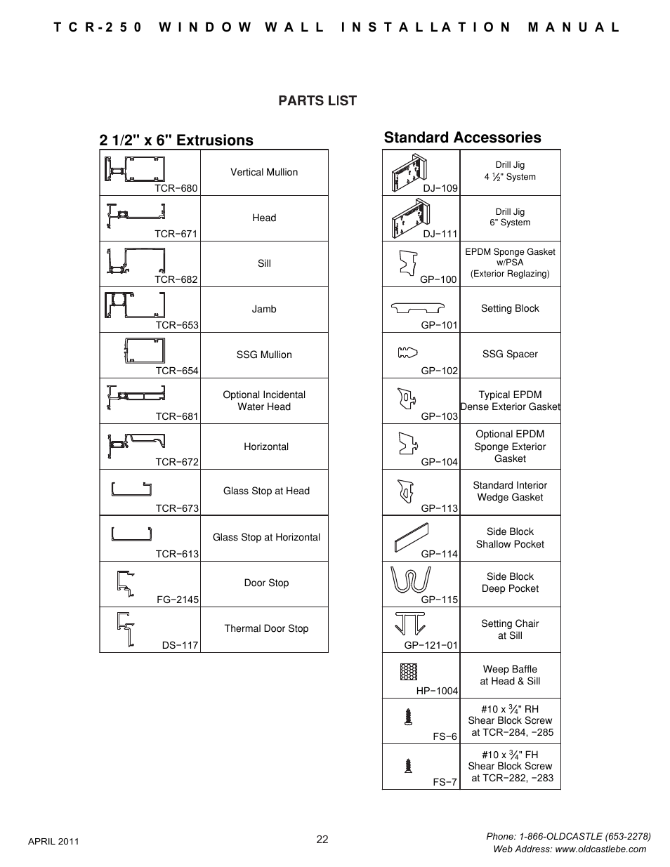 22 parts list | Oldcastle BuildingEnvelope TCR-250 User Manual | Page 24 / 27