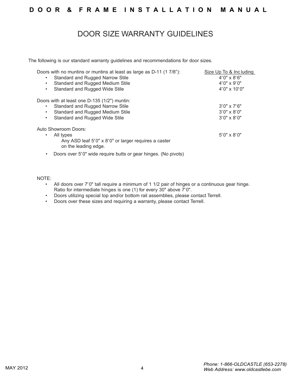 Door warranty guildelines, Door size warranty guidelines | Oldcastle BuildingEnvelope Thermal Clad Door and Frame User Manual | Page 4 / 31