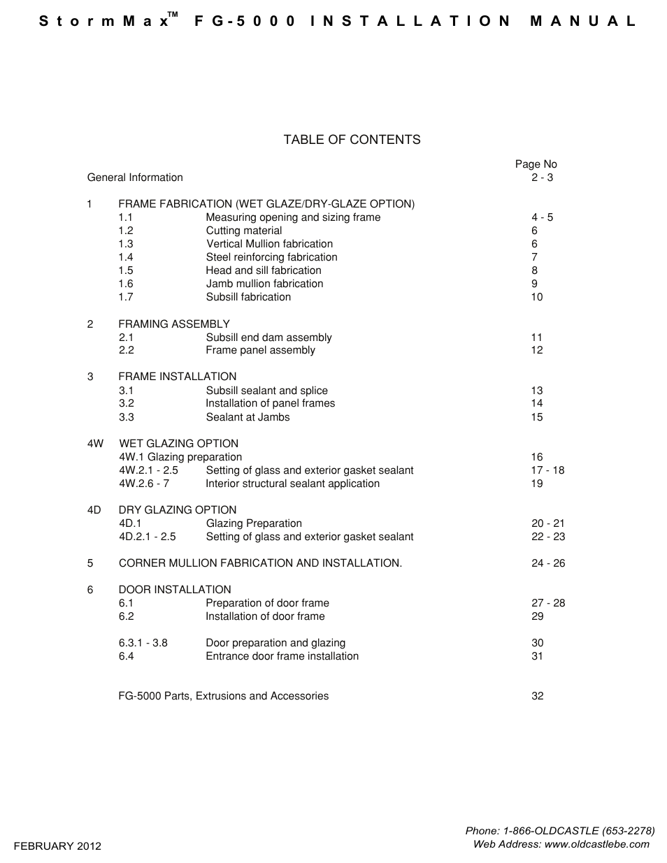 Table-of-contents | Oldcastle BuildingEnvelope FG-5000 StormMax User Manual | Page 2 / 33