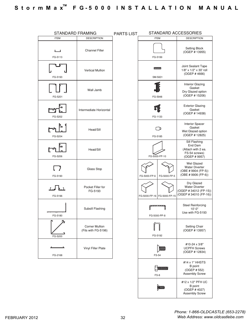 Parts list | Oldcastle BuildingEnvelope FG-5000 StormMax User Manual | Page 33 / 33