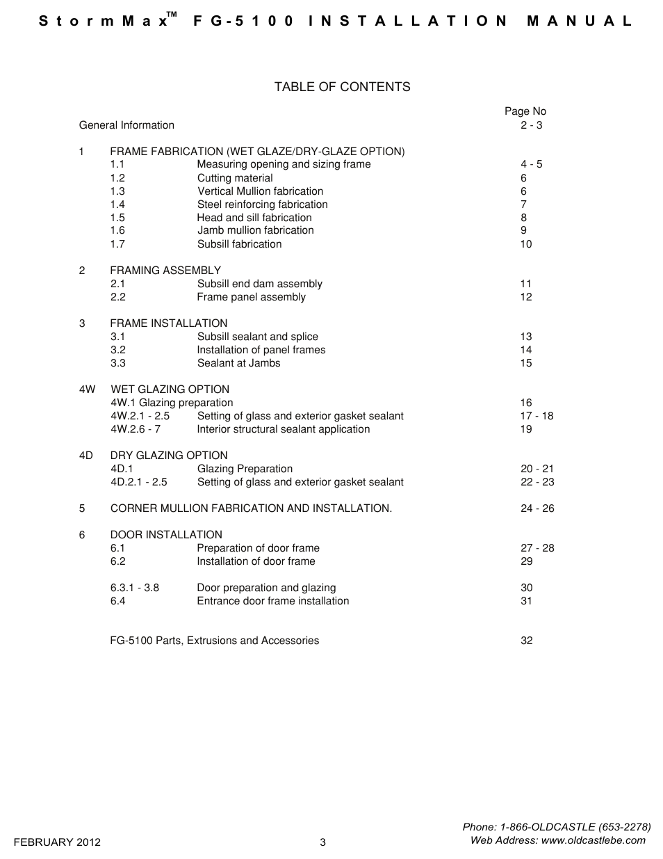 Table-of-contents | Oldcastle BuildingEnvelope FG-5100 StormMax User Manual | Page 2 / 33