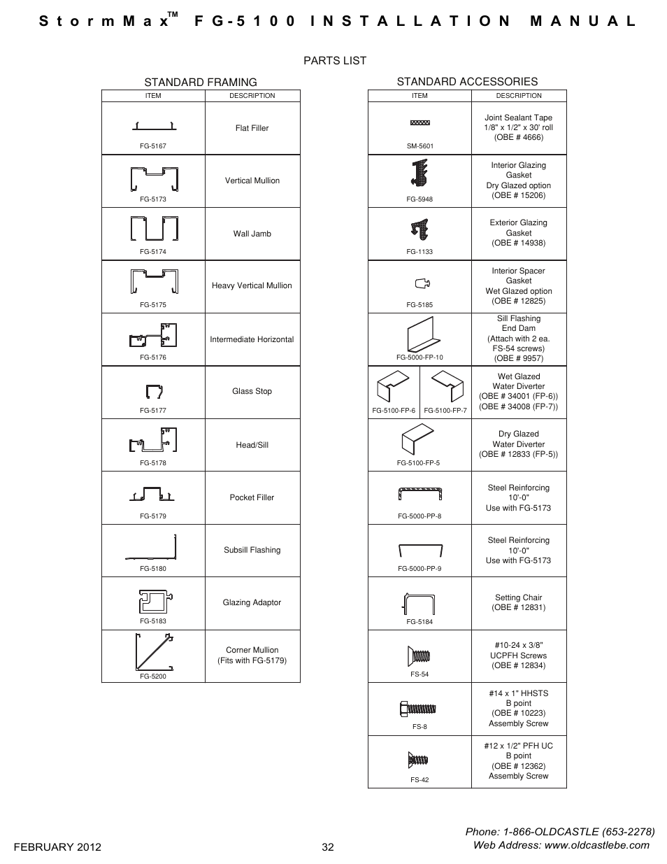 Parts list | Oldcastle BuildingEnvelope FG-5100 StormMax User Manual | Page 33 / 33