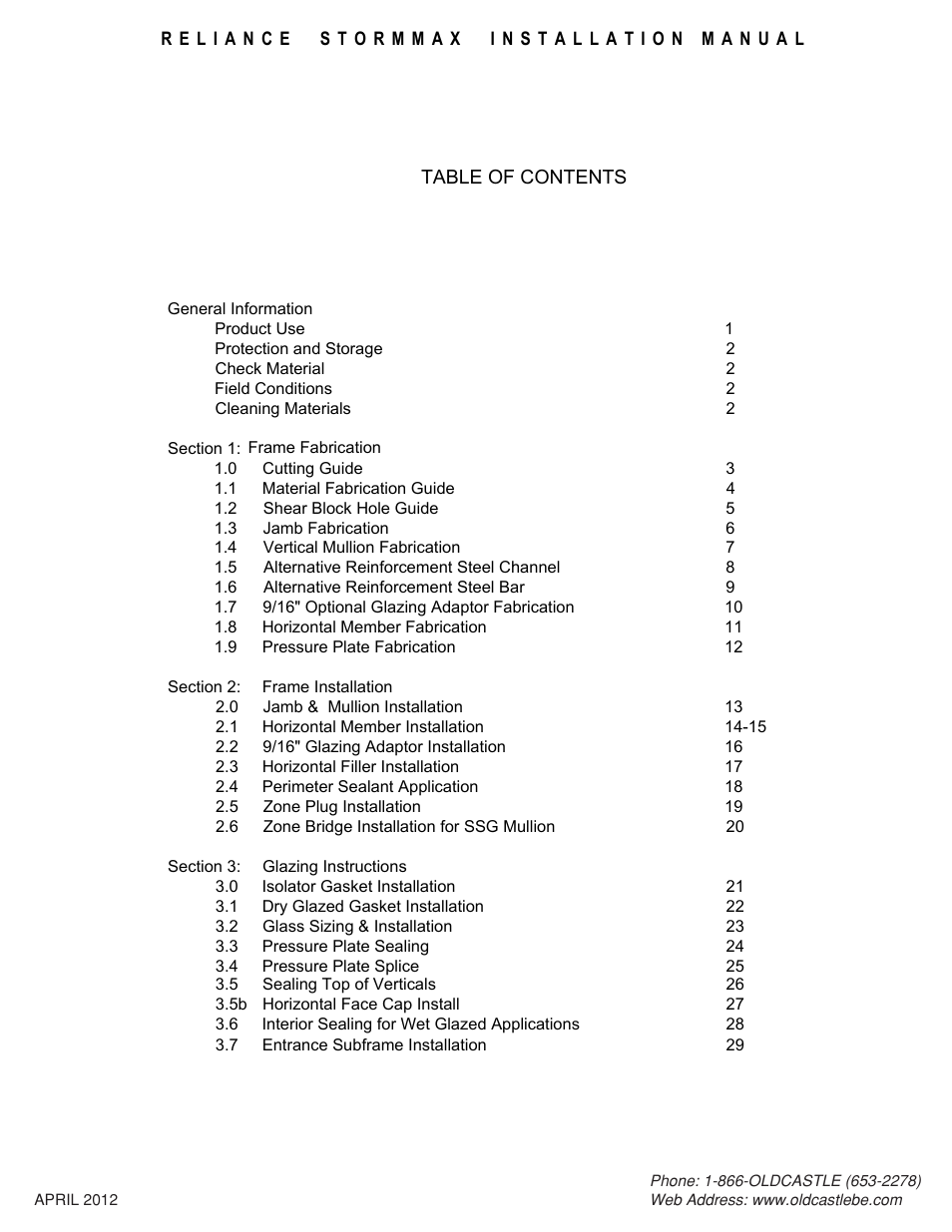 Table-of-contents1 | Oldcastle BuildingEnvelope Reliance StormMax User Manual | Page 2 / 44