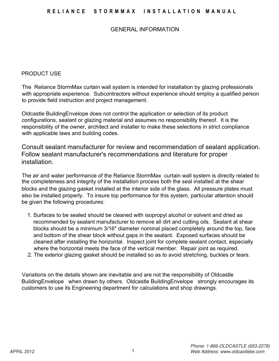 General-info | Oldcastle BuildingEnvelope Reliance StormMax User Manual | Page 4 / 44