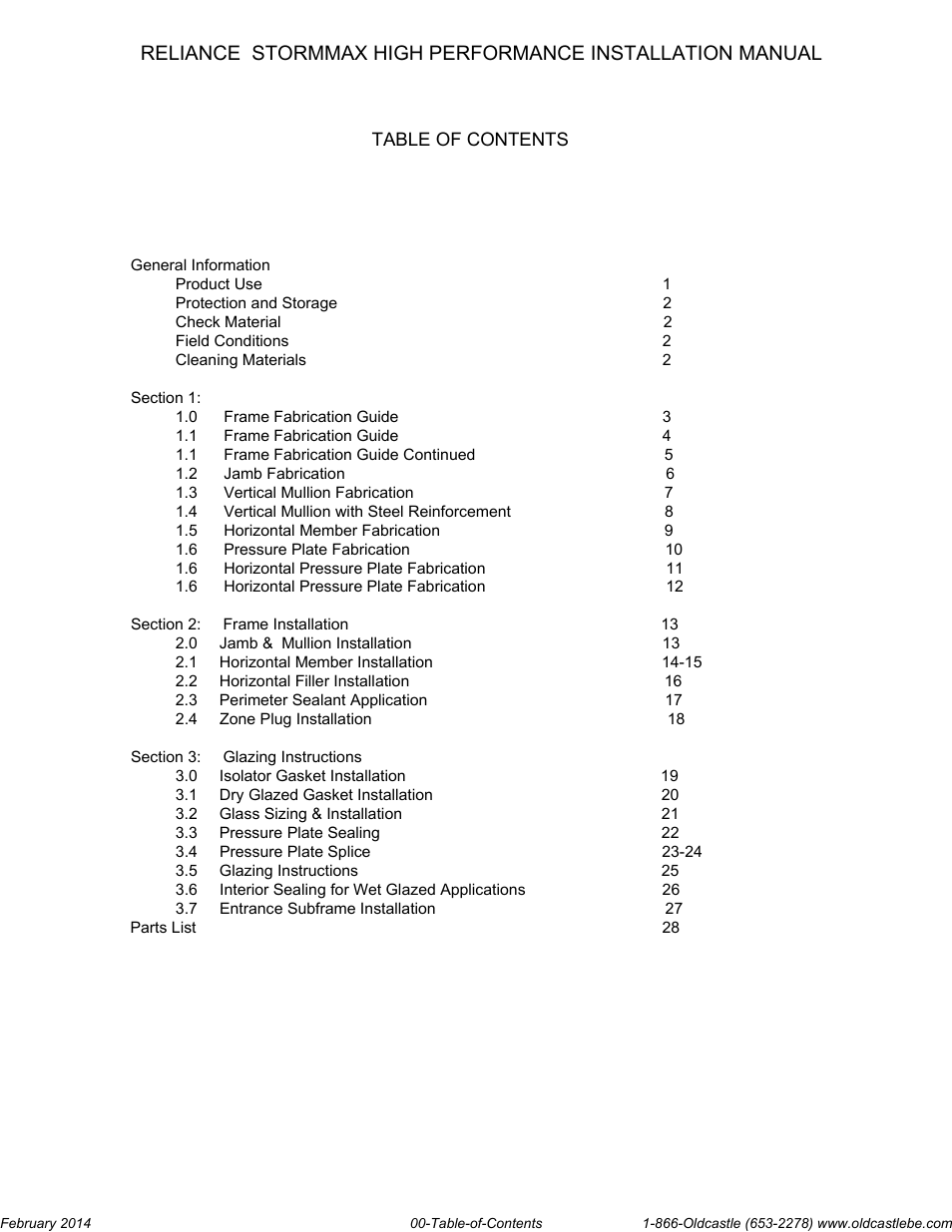 Table-of-contents | Oldcastle BuildingEnvelope Reliance StormMax High Performance User Manual | Page 2 / 30