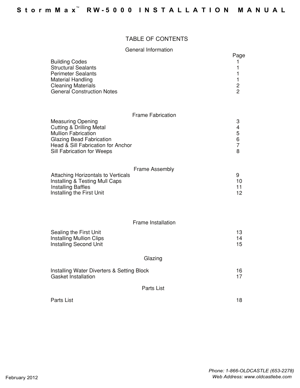Table-of-contents | Oldcastle BuildingEnvelope RW-5000 StormMax User Manual | Page 2 / 20