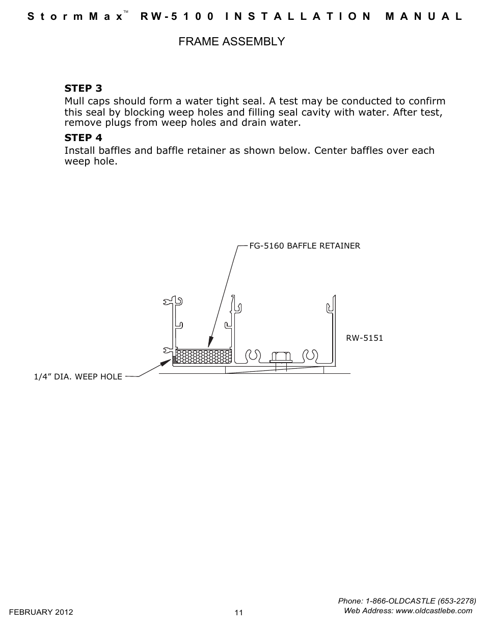 11 testing mullion caps, Frame assembly | Oldcastle BuildingEnvelope RW-5100 StormMax User Manual | Page 13 / 22