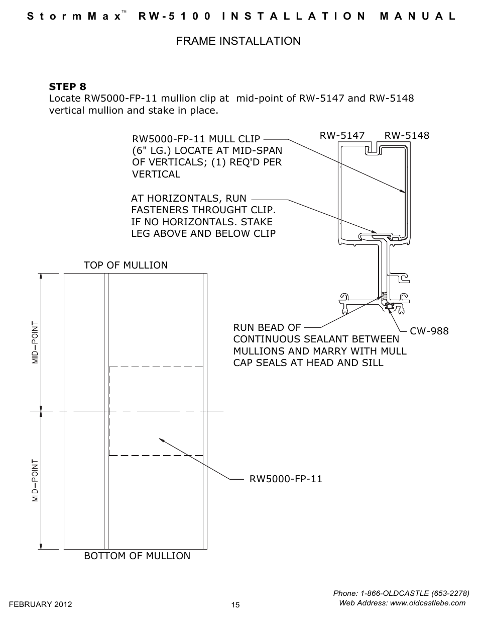 15 installing mullion clips, Frame installation | Oldcastle BuildingEnvelope RW-5100 StormMax User Manual | Page 17 / 22