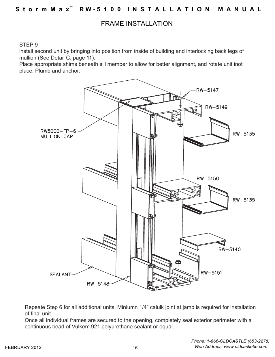 16 installing second unit, Frame installation | Oldcastle BuildingEnvelope RW-5100 StormMax User Manual | Page 18 / 22