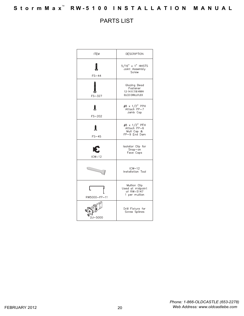 20 parts list, Parts list | Oldcastle BuildingEnvelope RW-5100 StormMax User Manual | Page 22 / 22