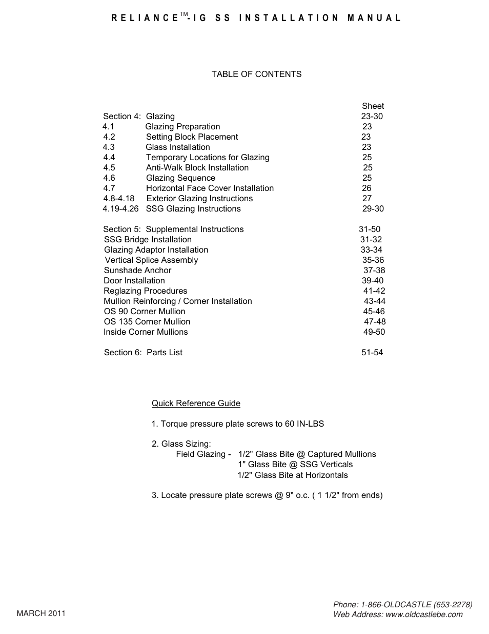 00 table of contents | Oldcastle BuildingEnvelope Reliance-IG SS User Manual | Page 2 / 58