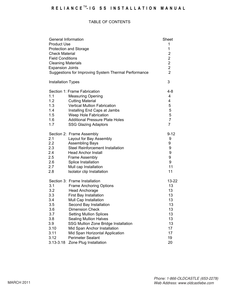 00 table of contents | Oldcastle BuildingEnvelope Reliance-IG SS User Manual | Page 3 / 58