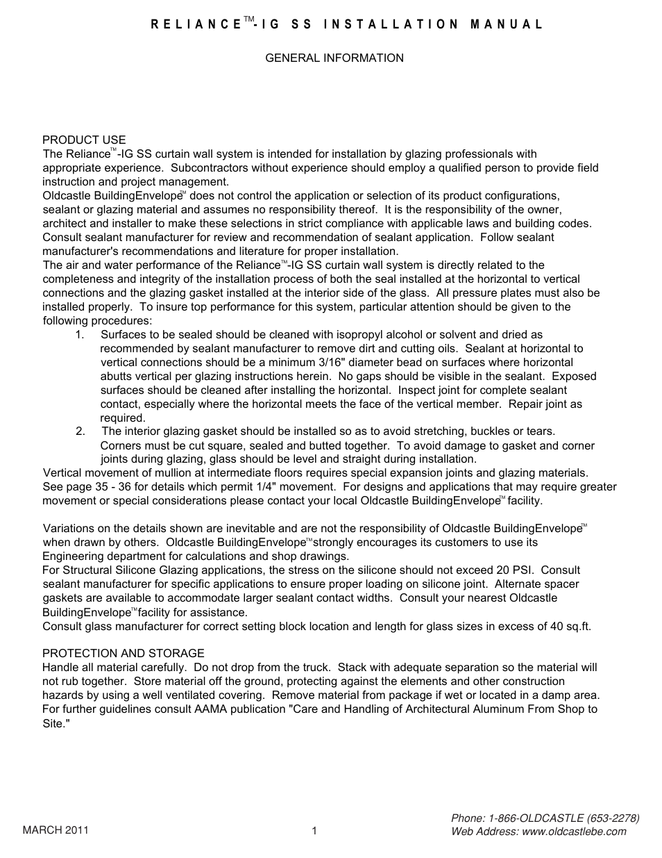 01general info | Oldcastle BuildingEnvelope Reliance-IG SS User Manual | Page 4 / 58