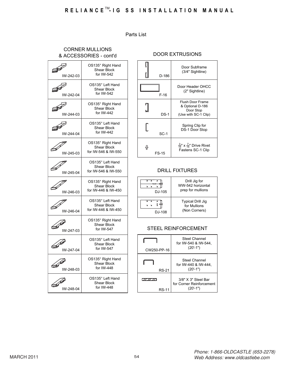 54 parts list, Parts list, Door extrusions | Corner mullions & accessories - cont'd, Drill fixtures steel reinforcement | Oldcastle BuildingEnvelope Reliance-IG SS User Manual | Page 57 / 58