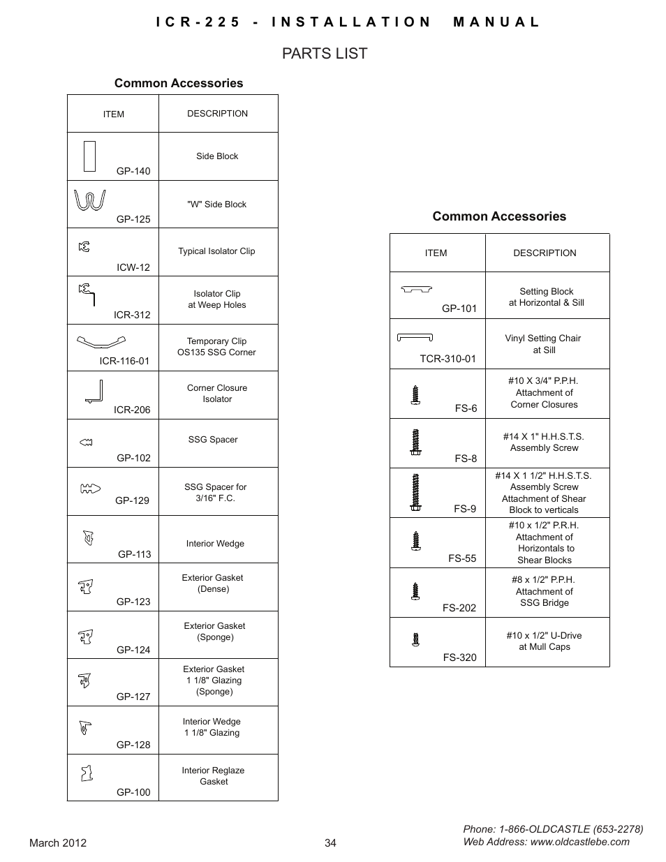 Parts-list, Parts list, Common accessories | Oldcastle BuildingEnvelope ICR-225 User Manual | Page 37 / 37