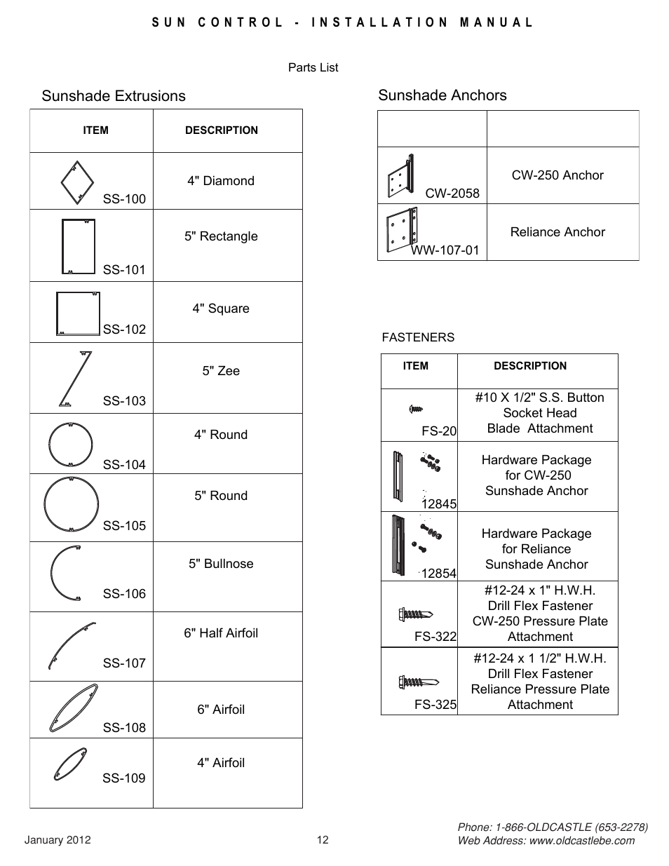 12_eclipse parts list | Oldcastle BuildingEnvelope Solar Eclipse User Manual | Page 12 / 22