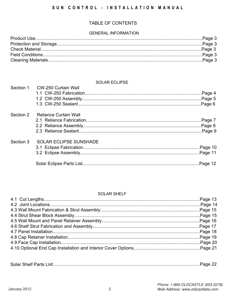 02_table of contents | Oldcastle BuildingEnvelope Solar Shelf User Manual | Page 2 / 22