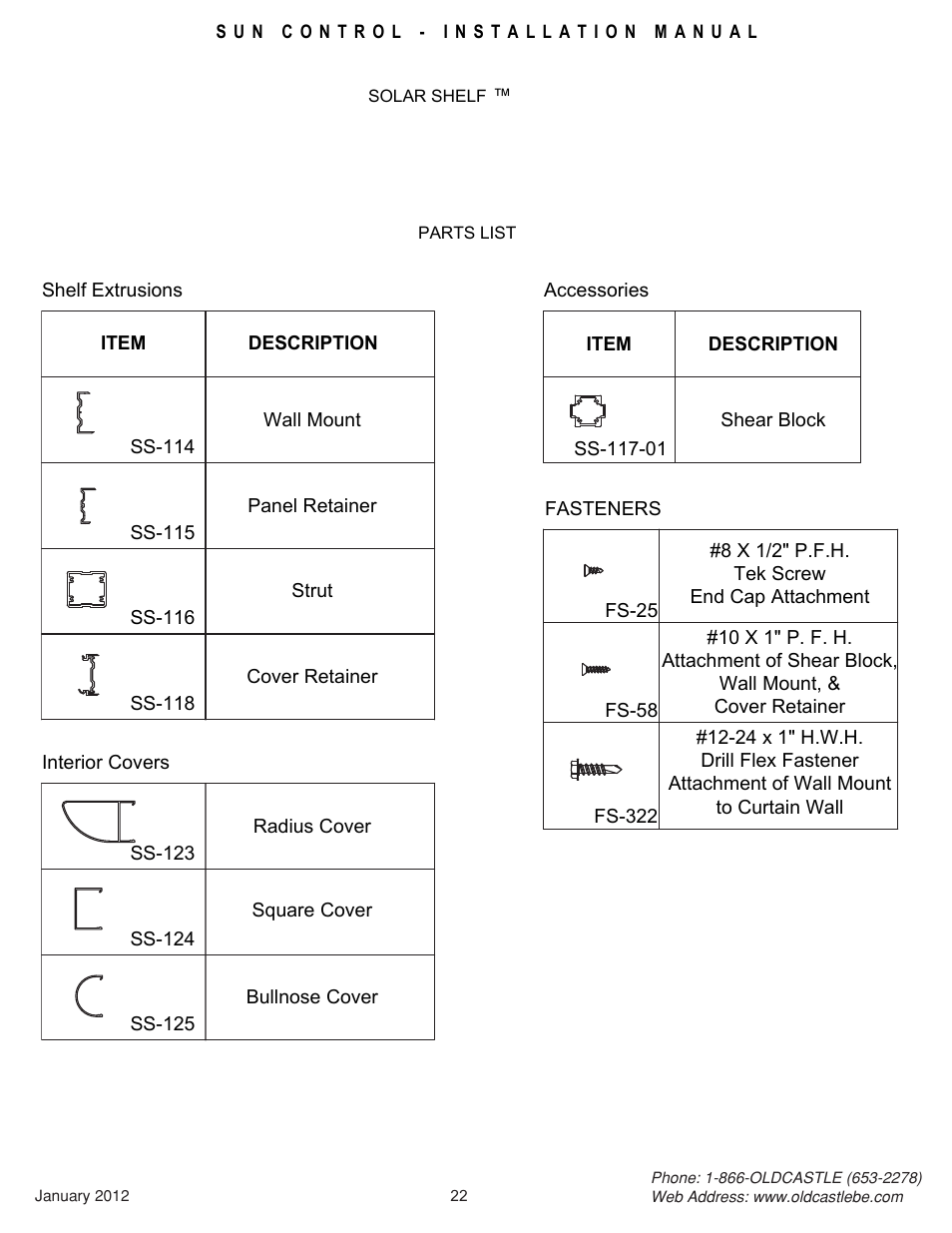 22_shelf parts list | Oldcastle BuildingEnvelope Solar Shelf User Manual | Page 22 / 22