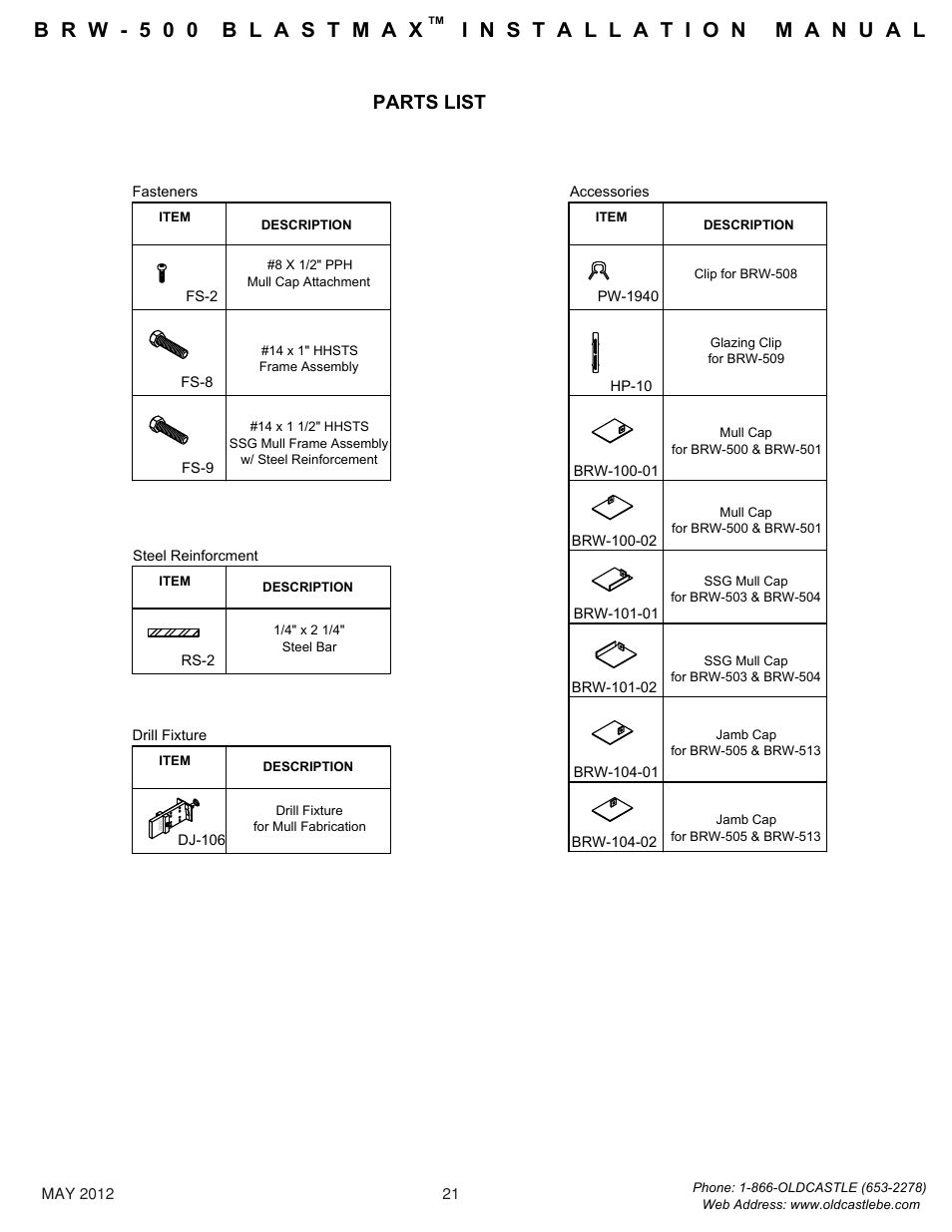Parts-list, Parts list | Oldcastle BuildingEnvelope BRW-500 BlastMax User Manual | Page 22 / 22