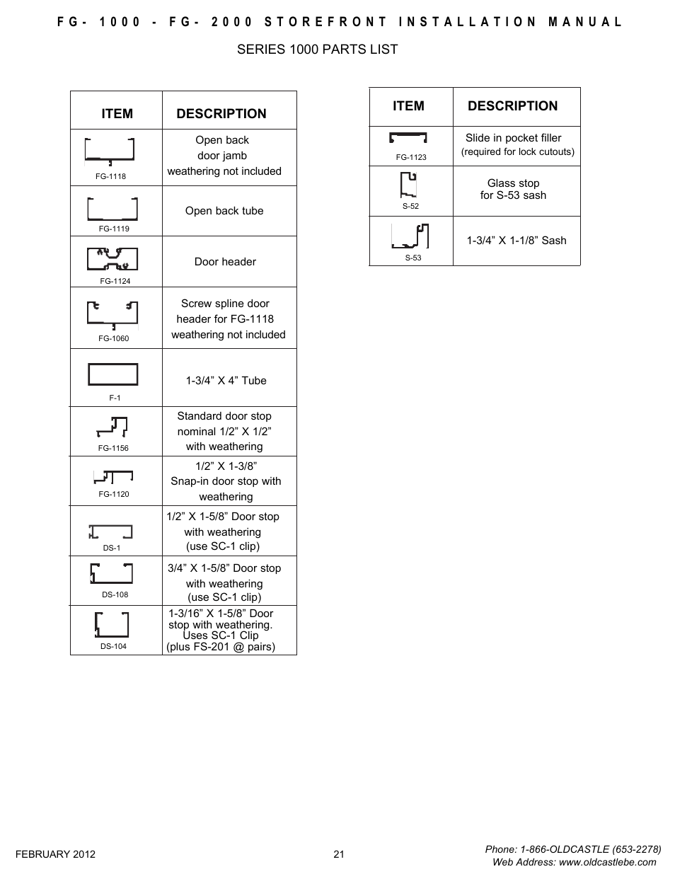 Parts-list | Oldcastle BuildingEnvelope FG-2000 User Manual | Page 24 / 27