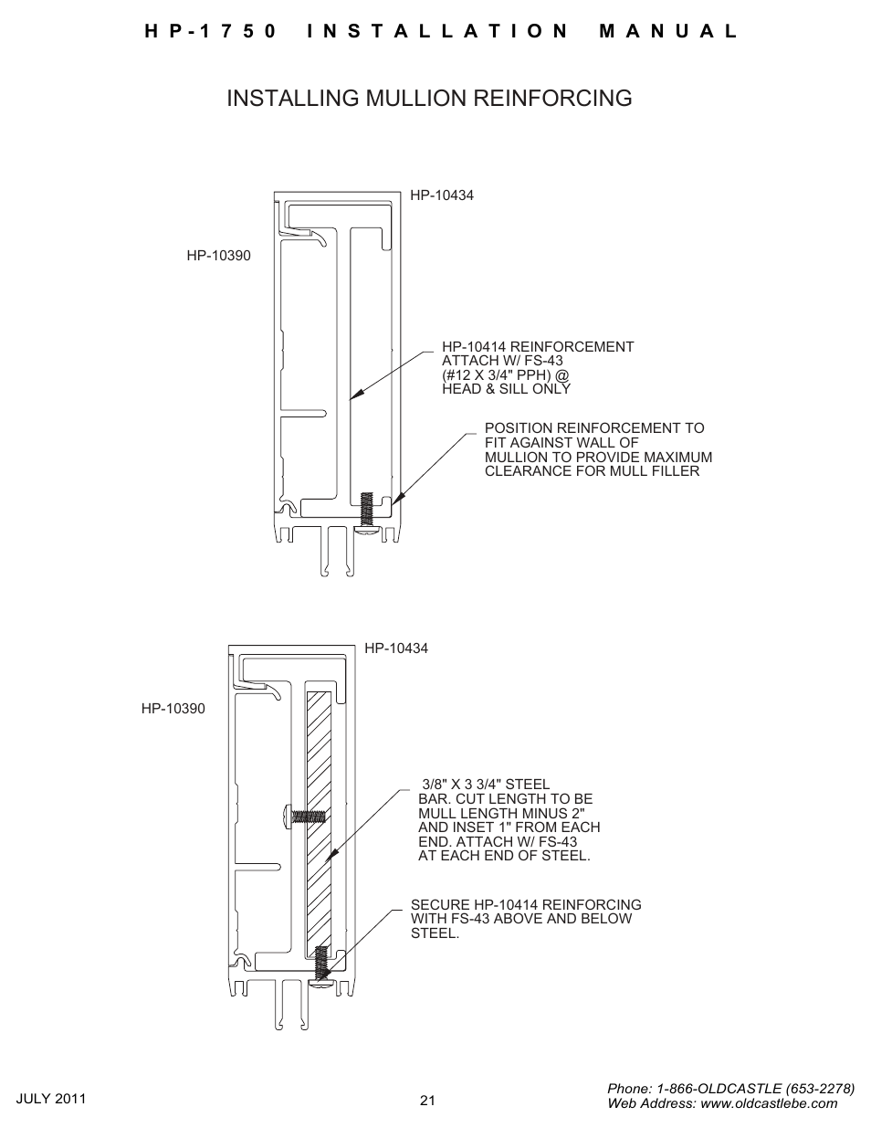 Mullion reinforcing, Installing mullion reinforcing | Oldcastle BuildingEnvelope HP-1750 User Manual | Page 19 / 42
