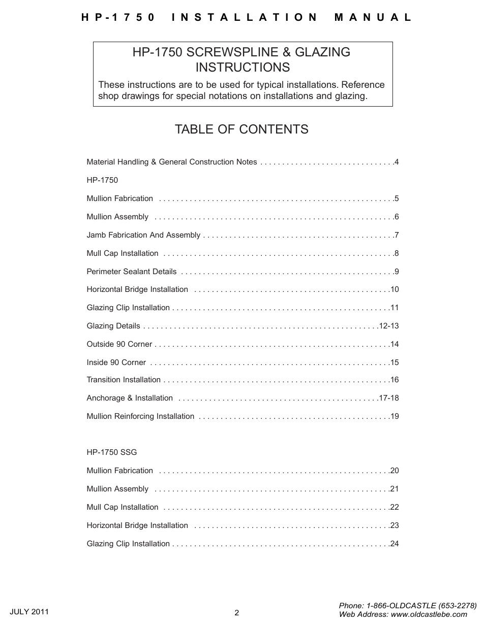 Table-of-contents | Oldcastle BuildingEnvelope HP-1750 User Manual | Page 2 / 42