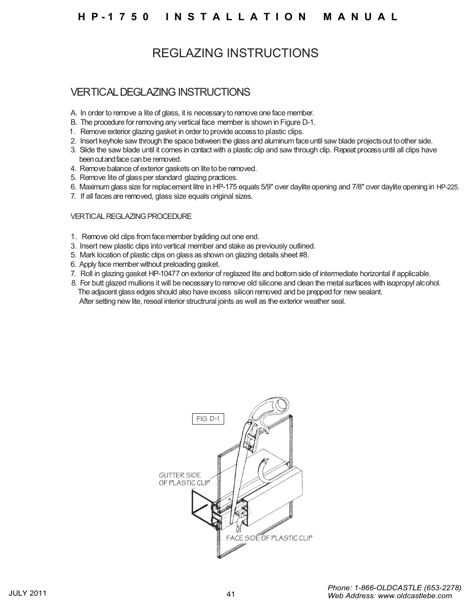 Reglazing instructions, Vertical deglazing instructions | Oldcastle BuildingEnvelope HP-1750 User Manual | Page 41 / 42