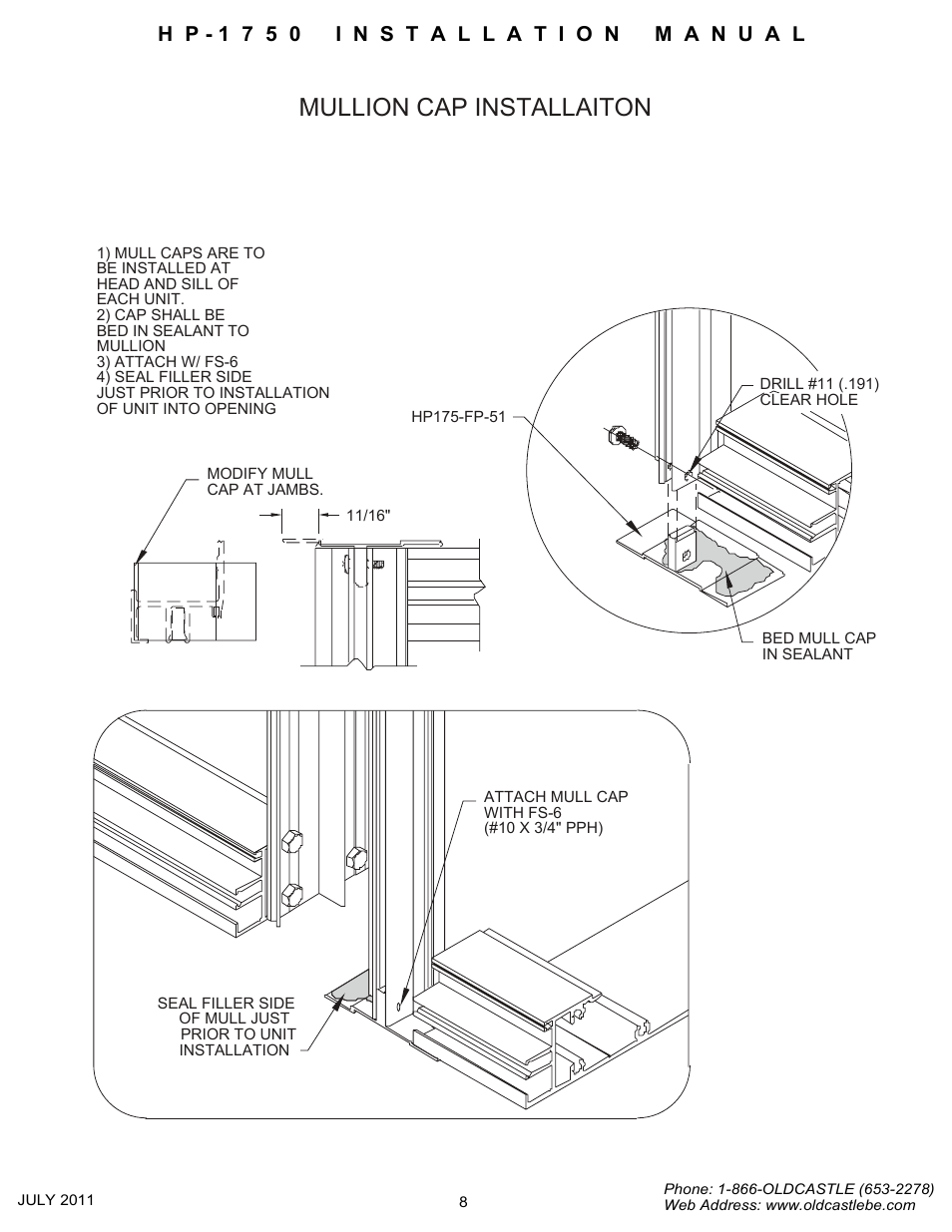 Mull cap installation, Mullion cap installaiton | Oldcastle BuildingEnvelope HP-1750 User Manual | Page 8 / 42