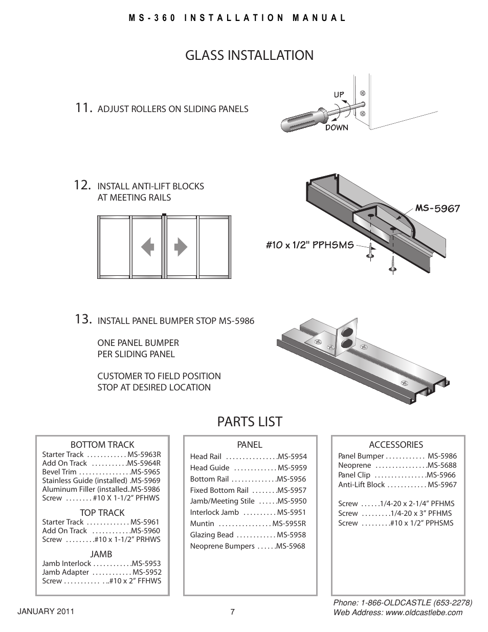 Glass installation, Glass installation 11, Parts list | Oldcastle BuildingEnvelope MS-360 User Manual | Page 7 / 8