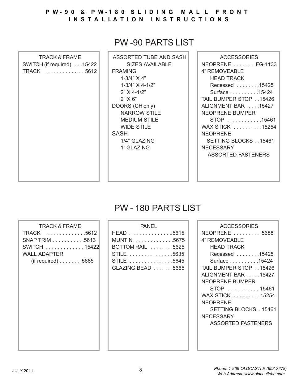 Parts-list | Oldcastle BuildingEnvelope PW-180 User Manual | Page 9 / 9