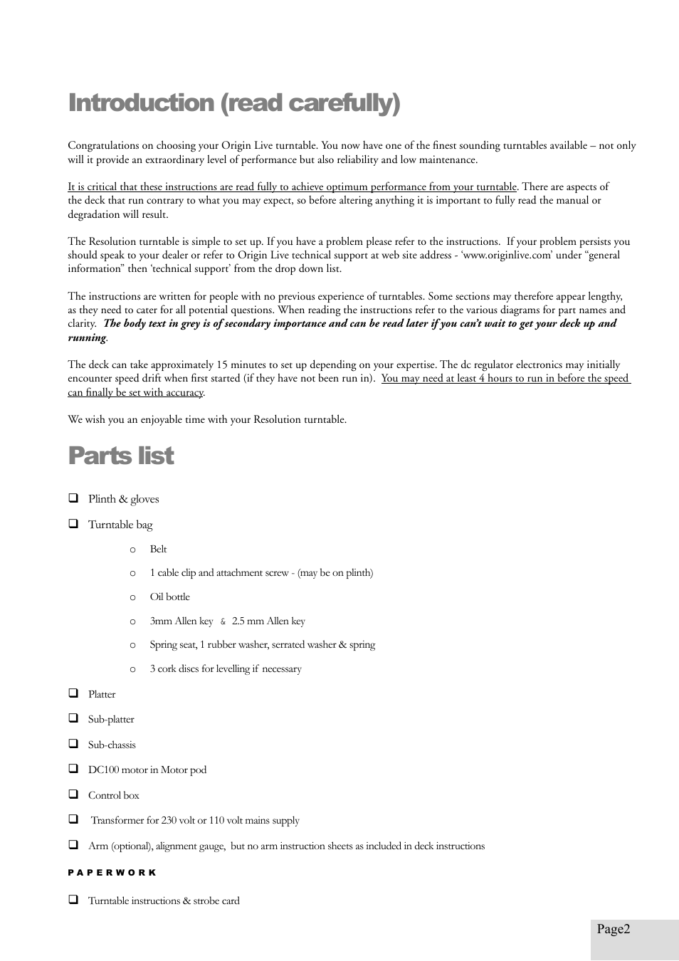 Introduction (read carefully), Parts list | Origin Live Resolution MKI User Manual | Page 2 / 18