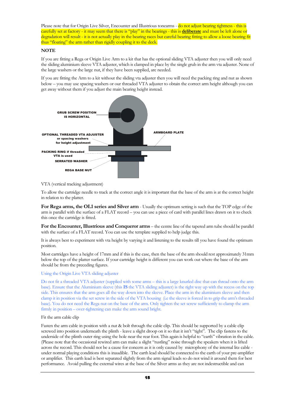 For rega arms, the ol1 series and silver arm, For the encounter, illustrious and conqueror arms | Origin Live Resolution Classic MKI User Manual | Page 15 / 23