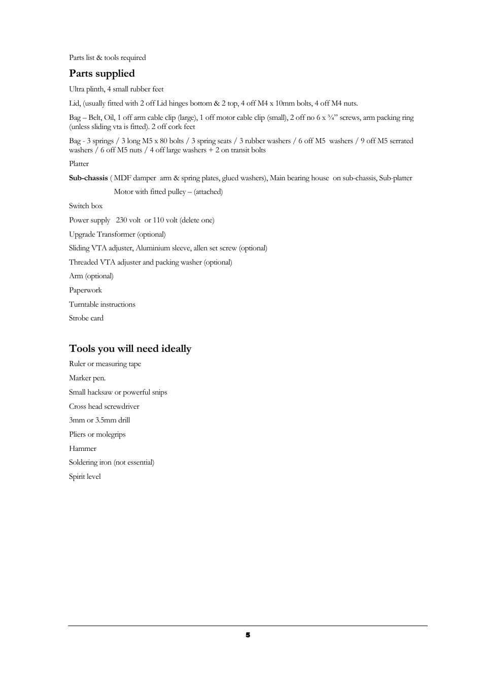 Parts supplied, Tools you will need ideally | Origin Live Resolution Classic MKI User Manual | Page 5 / 23