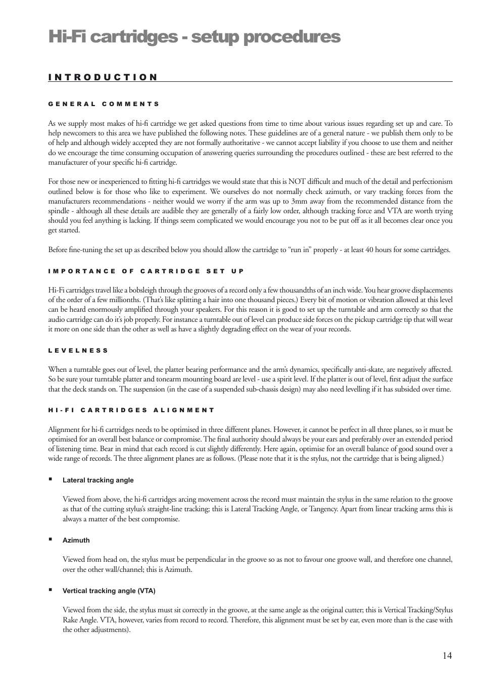 Hi-fi cartridges - setup procedures | Origin Live Sovereign MKI User Manual | Page 14 / 18