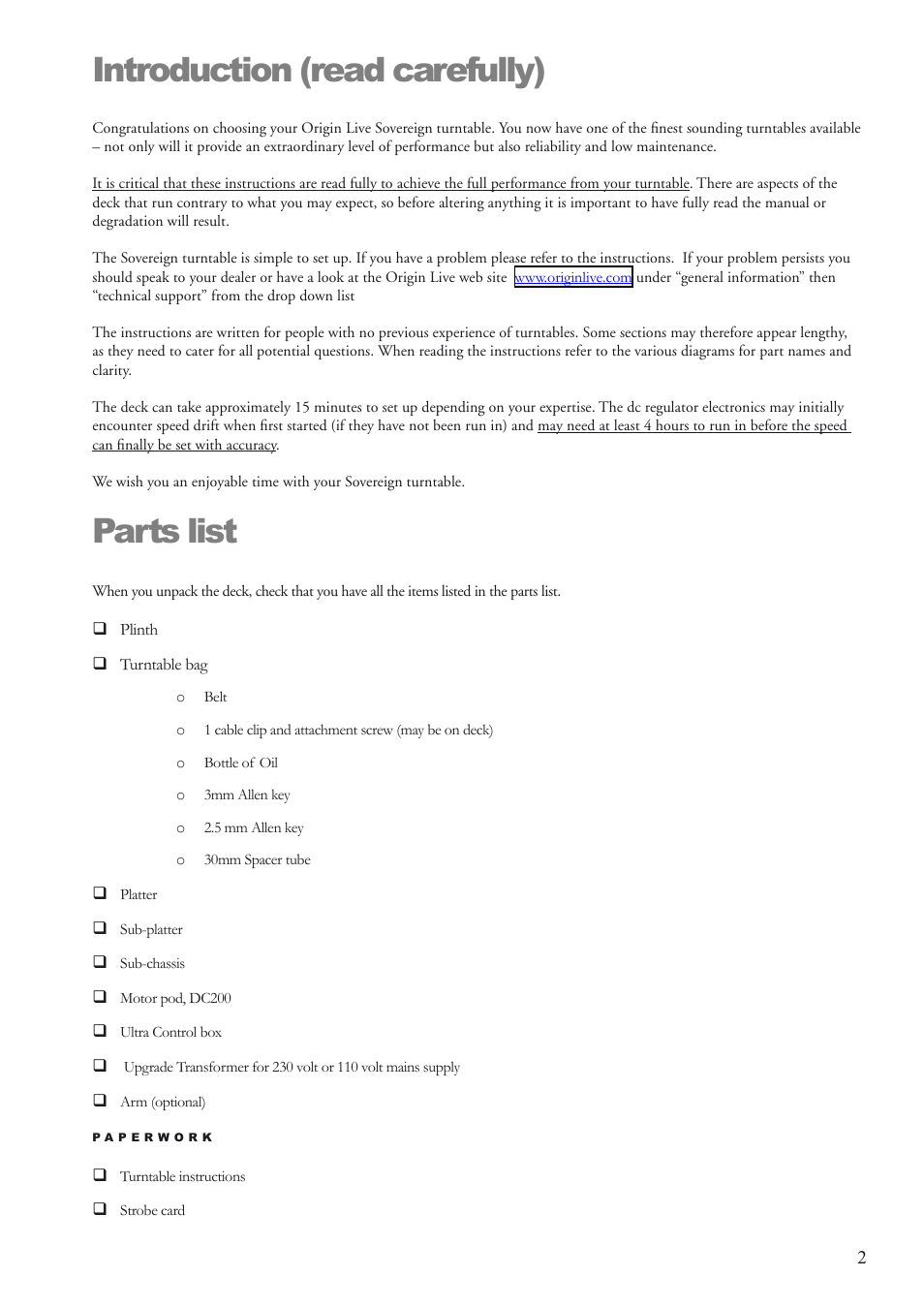 Introduction (read carefully), Parts list | Origin Live Sovereign MKI User Manual | Page 2 / 18