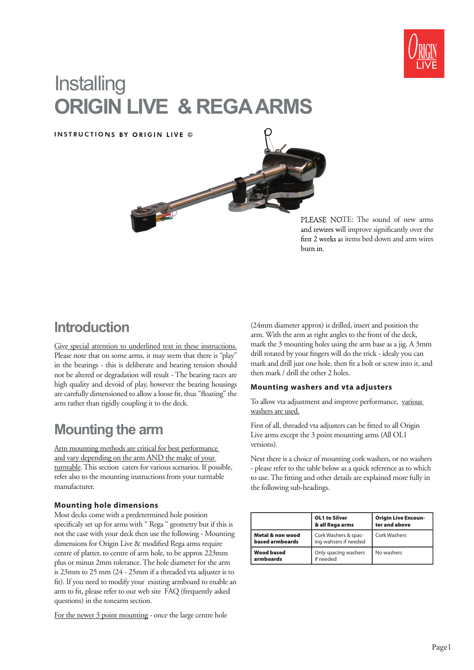 Origin Live All non dual pivot arms User Manual | 6 pages