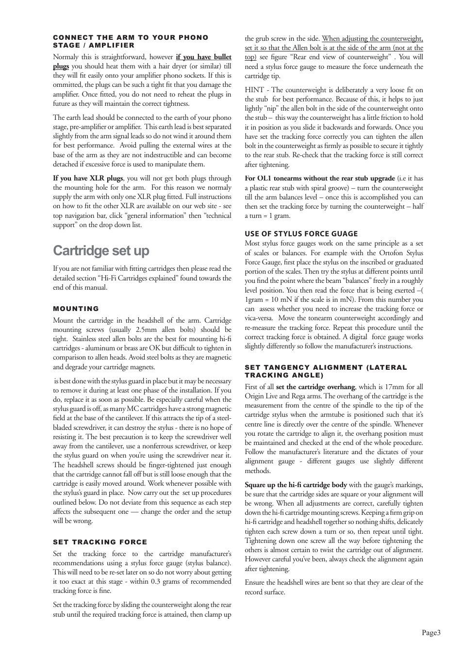 Cartridge set up | Origin Live All non dual pivot arms User Manual | Page 3 / 6