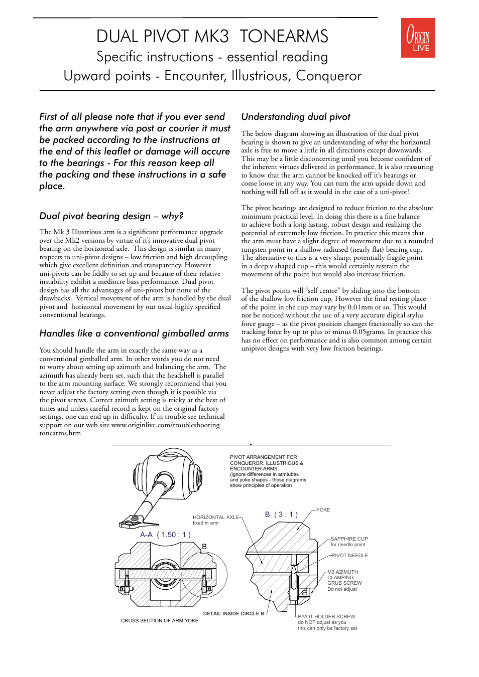 Origin Live MK3 arms ( upward facing points dual pivot) User Manual | 4 pages