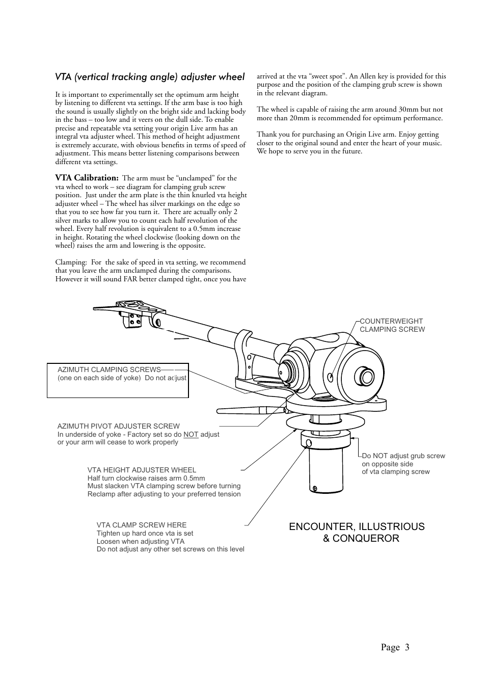 Page 3, Encounter , illustrious & conqueror, Vta (vertical tracking angle) adjuster wheel | Origin Live MK3 arms ( upward facing points dual pivot) User Manual | Page 3 / 4