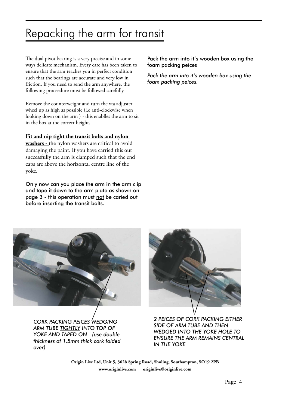 Repacking the arm for transit | Origin Live MK3 arms ( upward facing points dual pivot) User Manual | Page 4 / 4