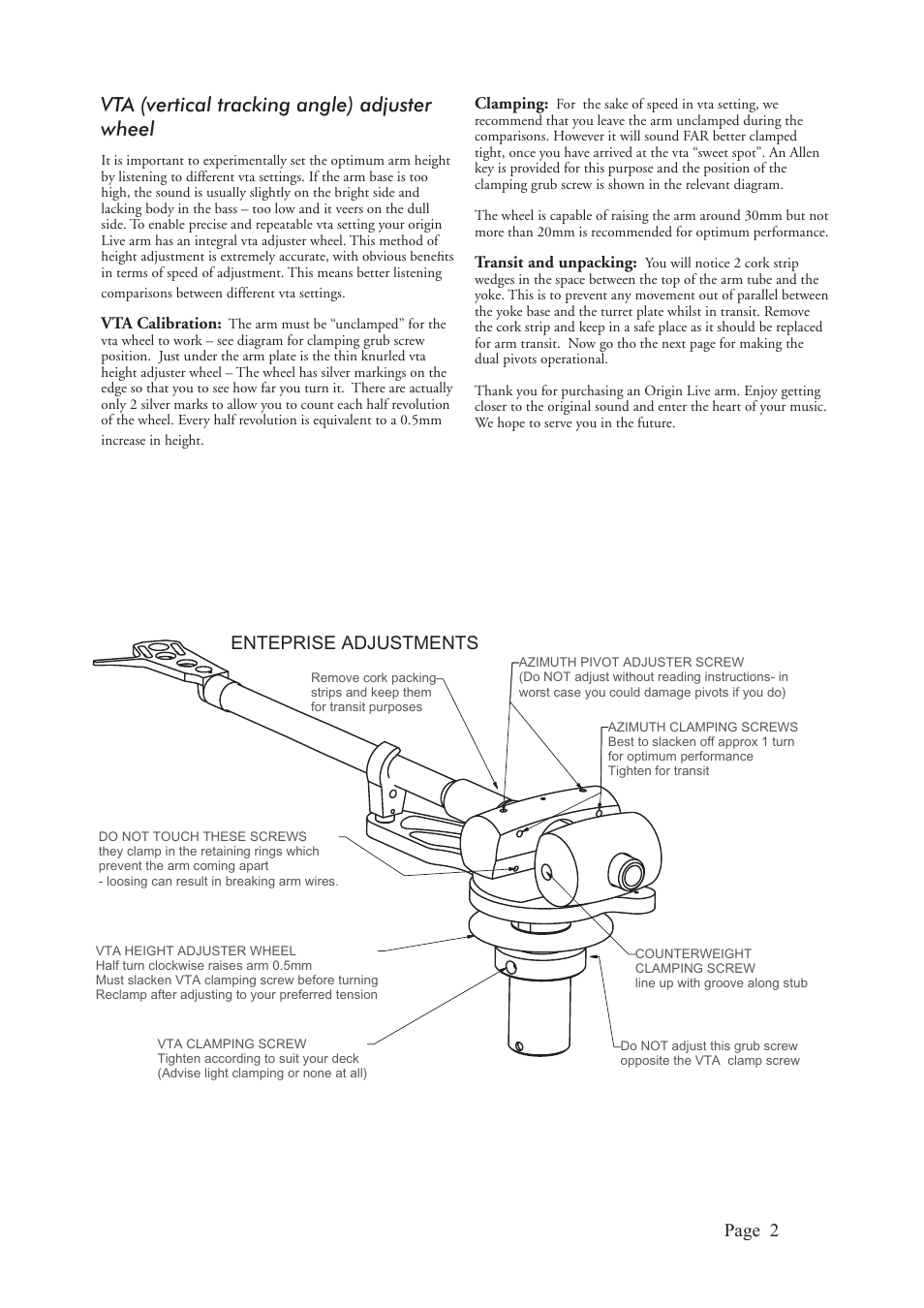 Vta (vertical tracking angle) adjuster wheel, Page 2, Enteprise adjustments | Origin Live Enterprise C User Manual | Page 2 / 6