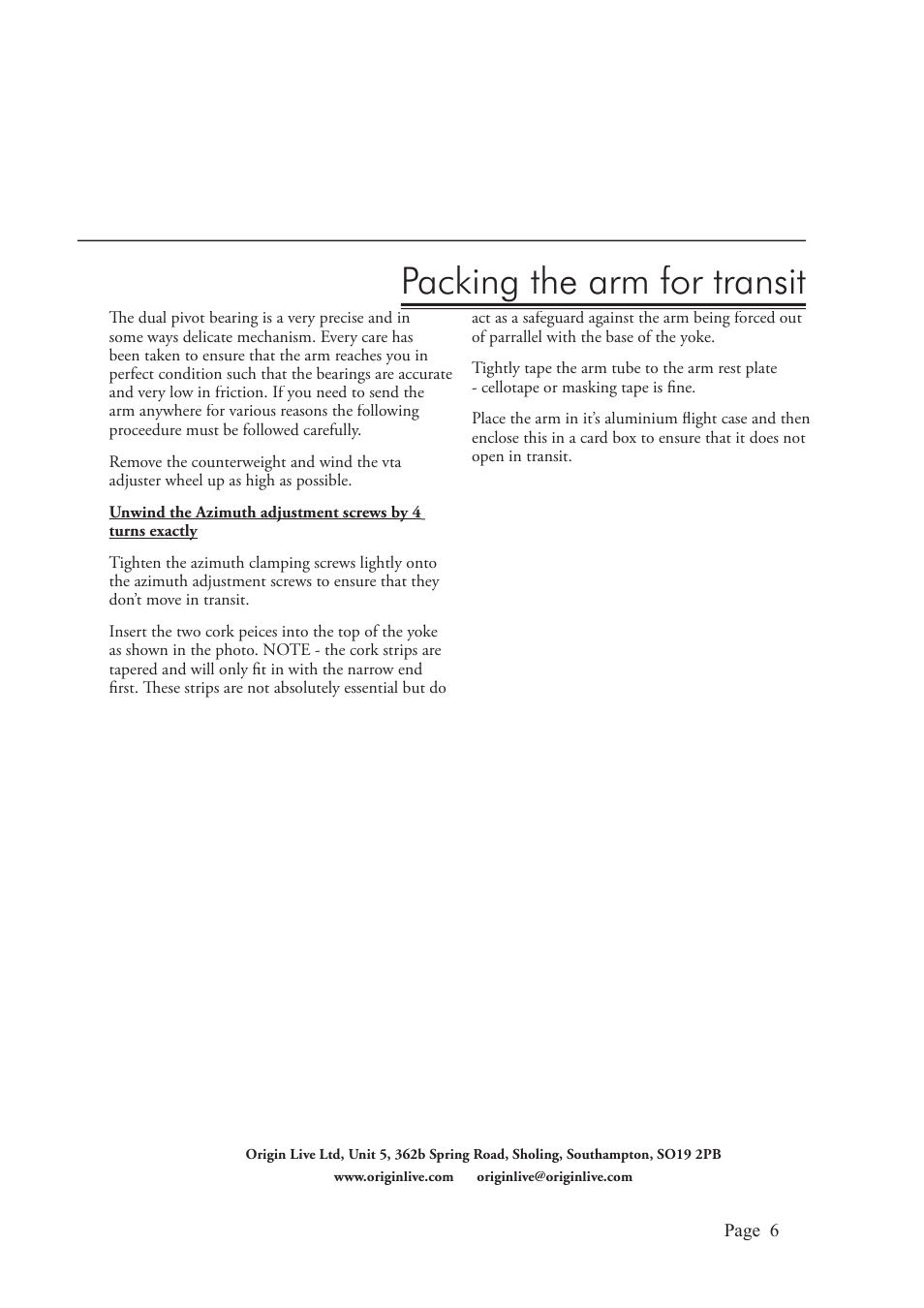 Packing the arm for transit | Origin Live Enterprise C User Manual | Page 6 / 6
