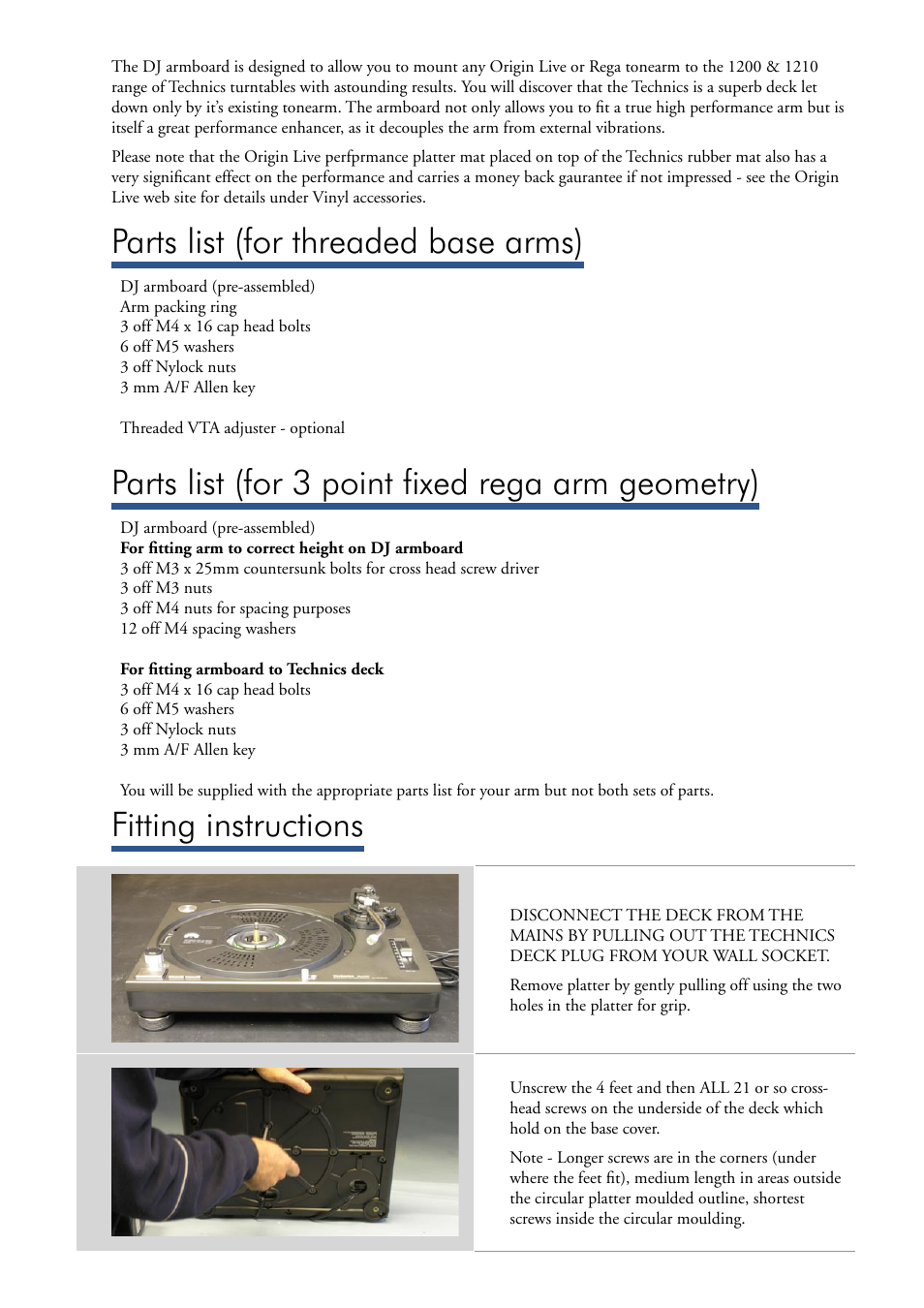 Parts list (for threaded base arms), Parts list (for 3 point fixed rega arm geometry), Fitting instructions | Origin Live OL Armboard installation on Technics SL1200 User Manual | Page 2 / 4